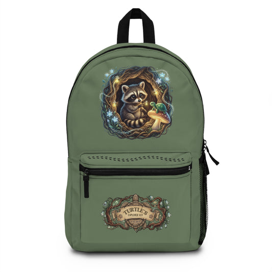 Forest Bandit Kids Raccoon Backpack featuring a cute raccoon and turtle design, perfect for woodland adventures.