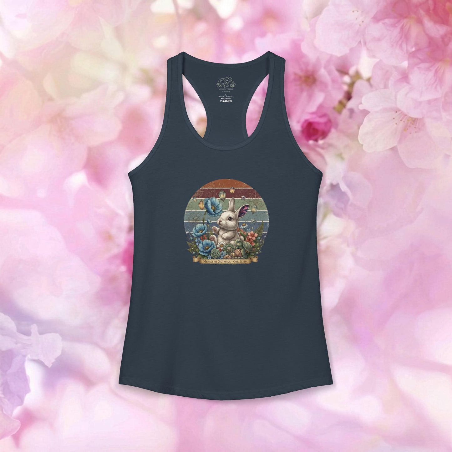 Vintage botanical racerback tank featuring a cute bunny surrounded by blue flowers and a retro sunset backdrop.