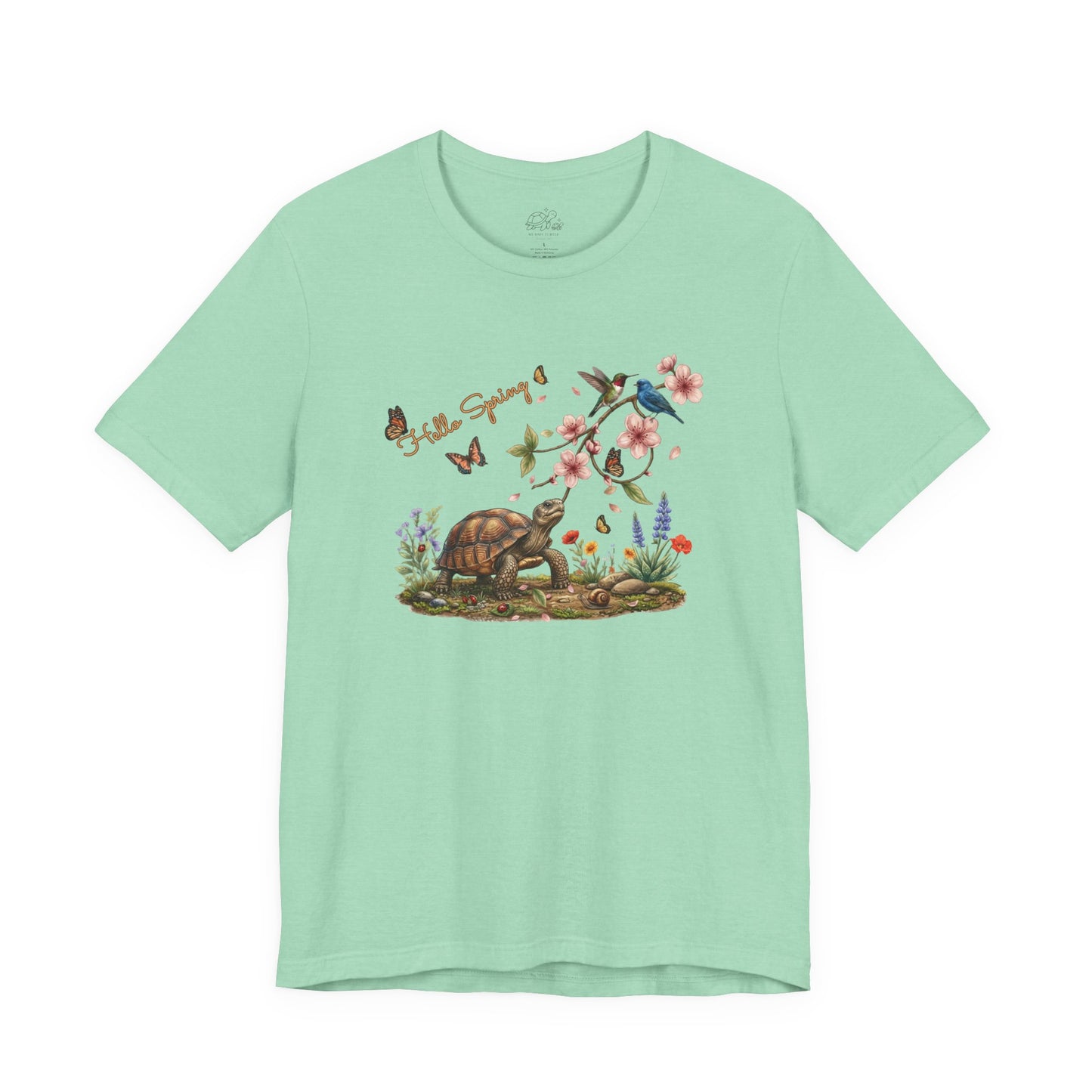 Hello Spring Blossoms & Birds Unisex Jersey Tee featuring a turtle, cherry blossoms, and colorful butterflies.