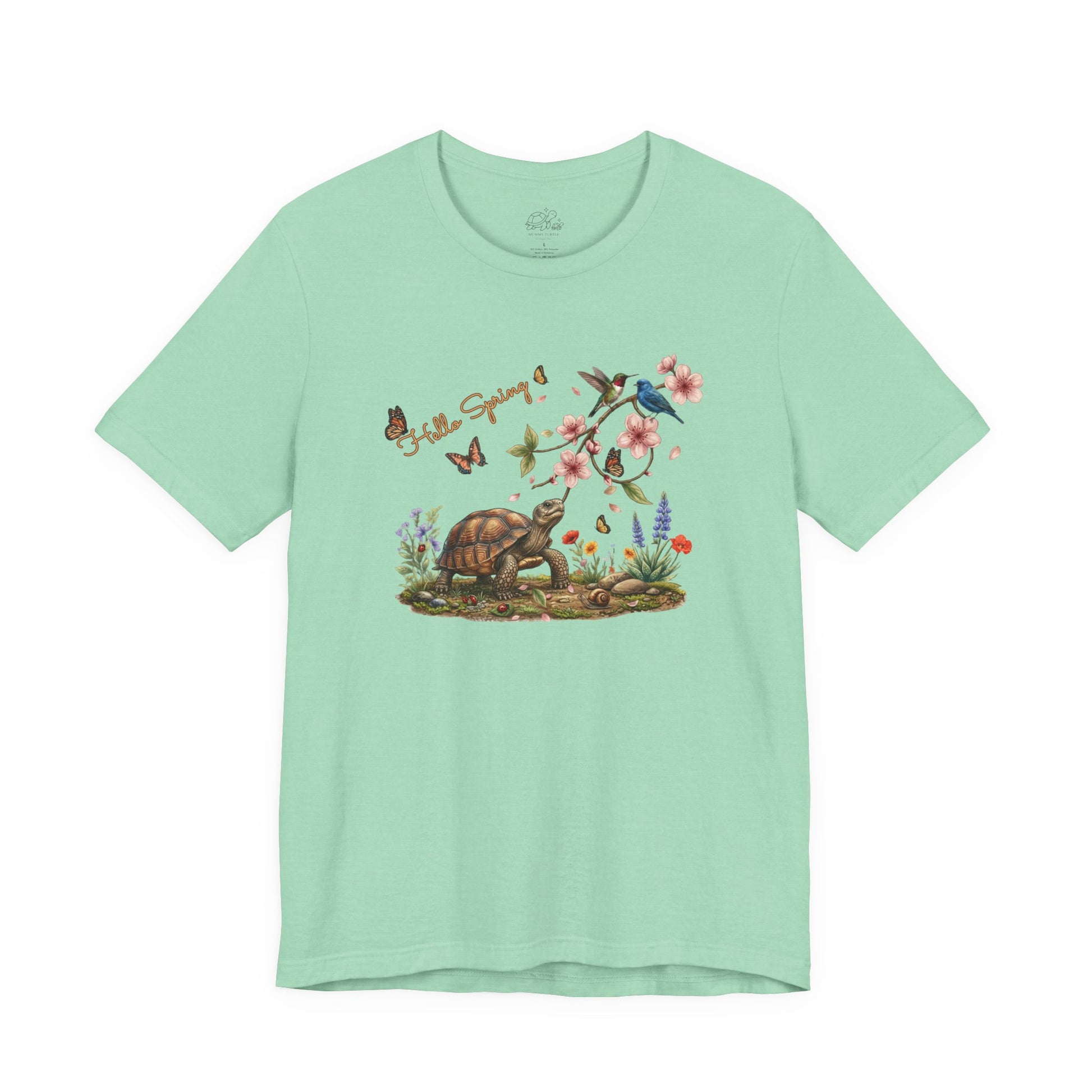 Hello Spring Blossoms & Birds Unisex Jersey Tee featuring a turtle, cherry blossoms, and colorful butterflies.