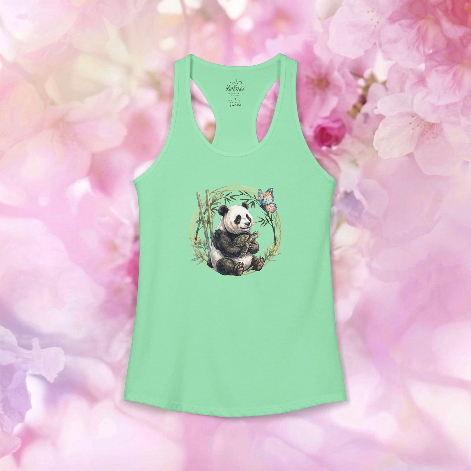 Bamboo Sanctuary Panda and Turtle Racerback Tank featuring a cute panda and butterfly design on a mint background