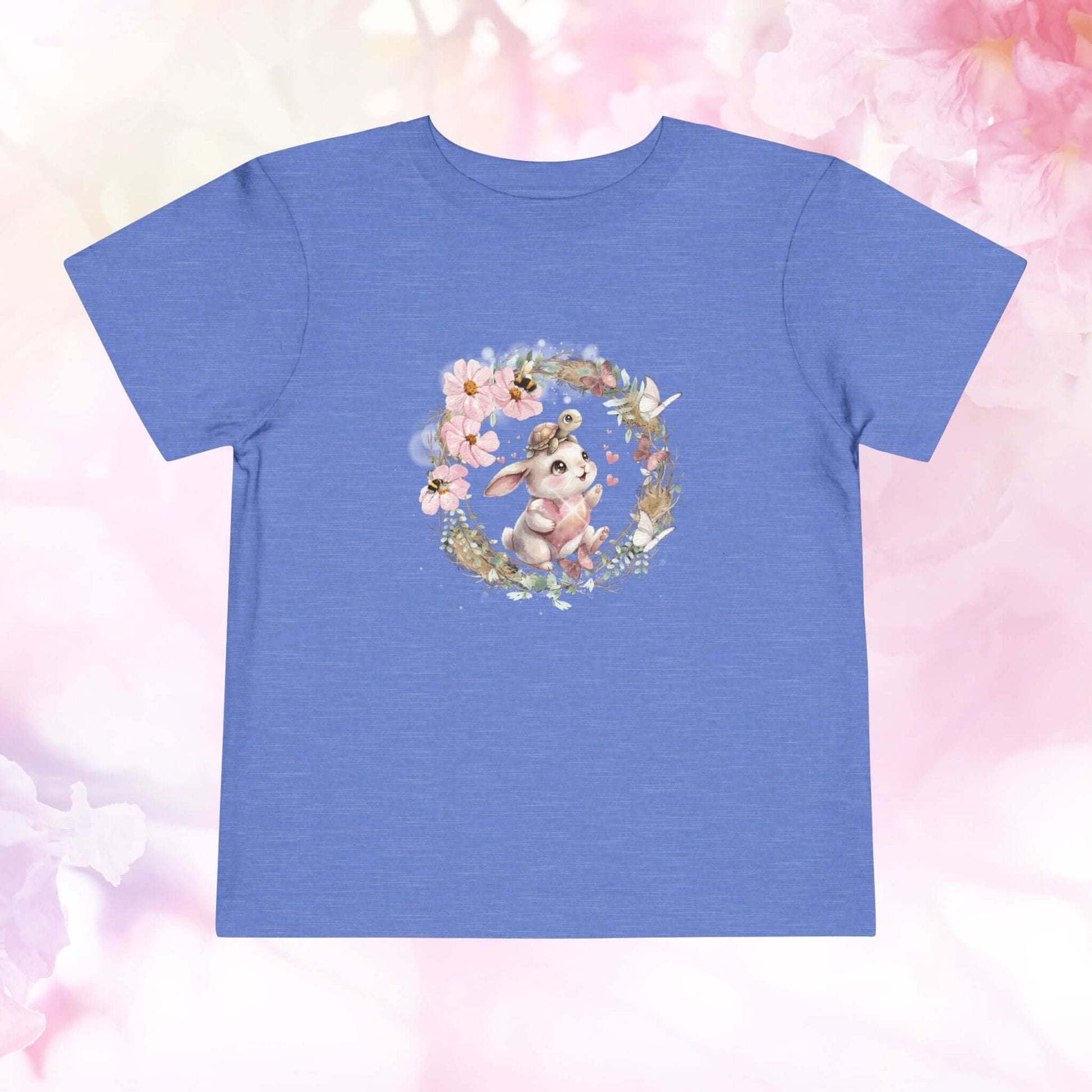 Sweet Bunny & Tiny Turtle Toddler T-Shirt featuring a watercolor bunny and flowers, perfect for little explorers. toddler bunny t-shirt.