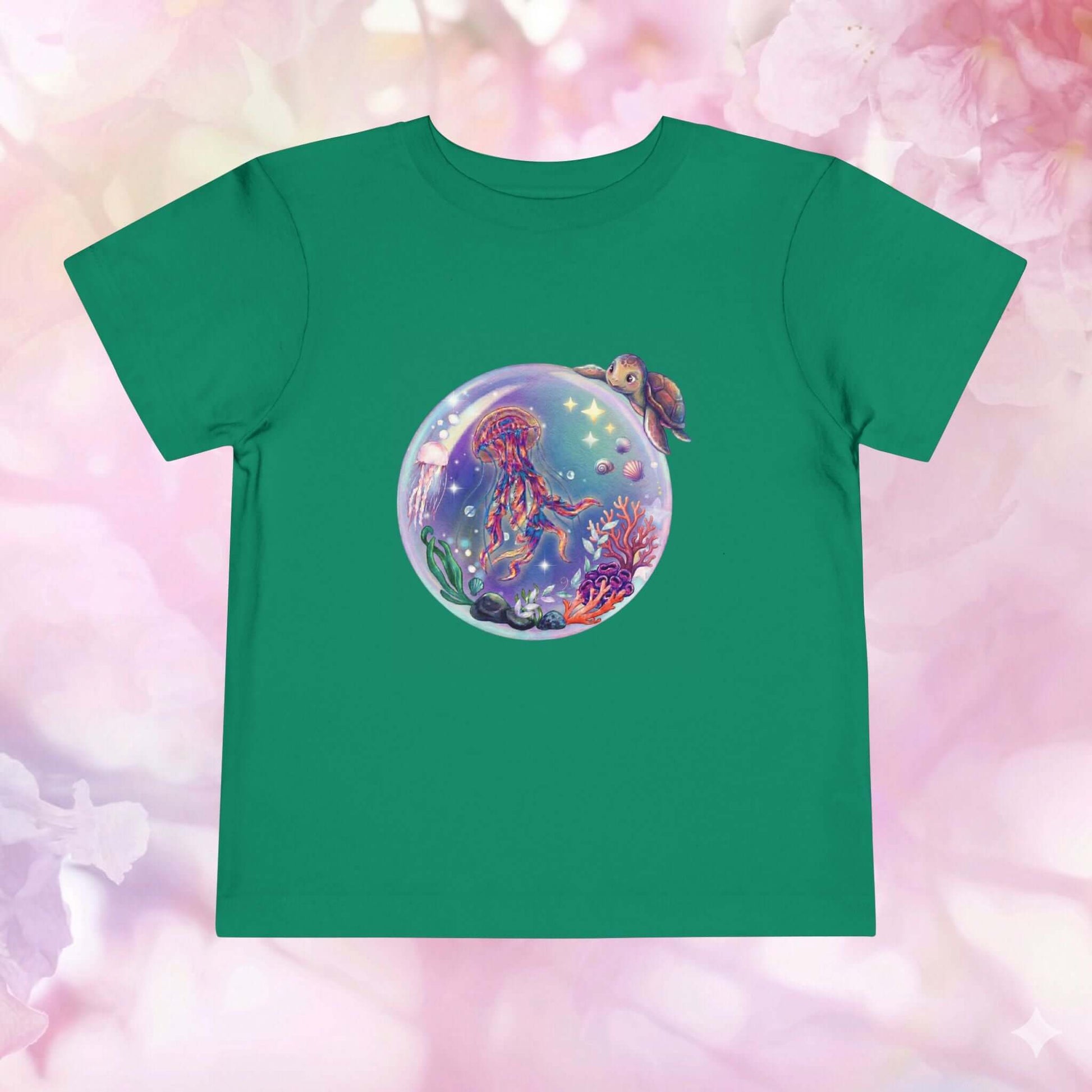 Toddler jellyfish t-shirt featuring a colorful jellyfish and turtle inside a magical bubble design.