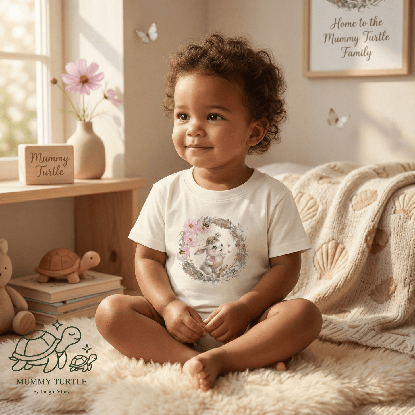 Toddler boy wearing a Sweet Bunny & Tiny Turtle toddler bunny t-shirt with spring flowers in a cozy room.