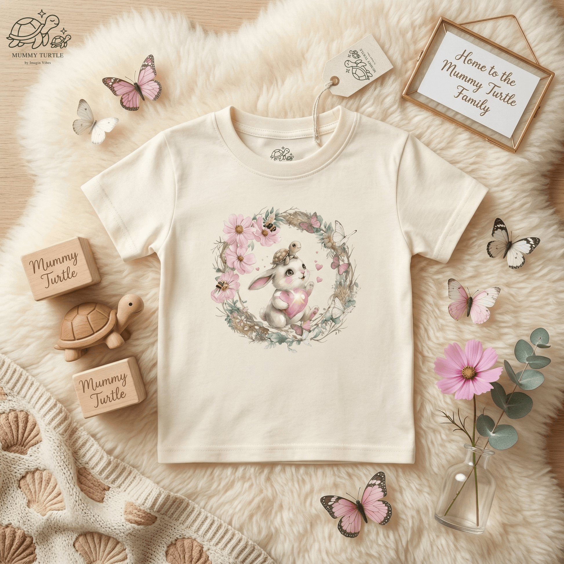 Toddler bunny t-shirt featuring a watercolor bunny with a tiny turtle and spring flowers.