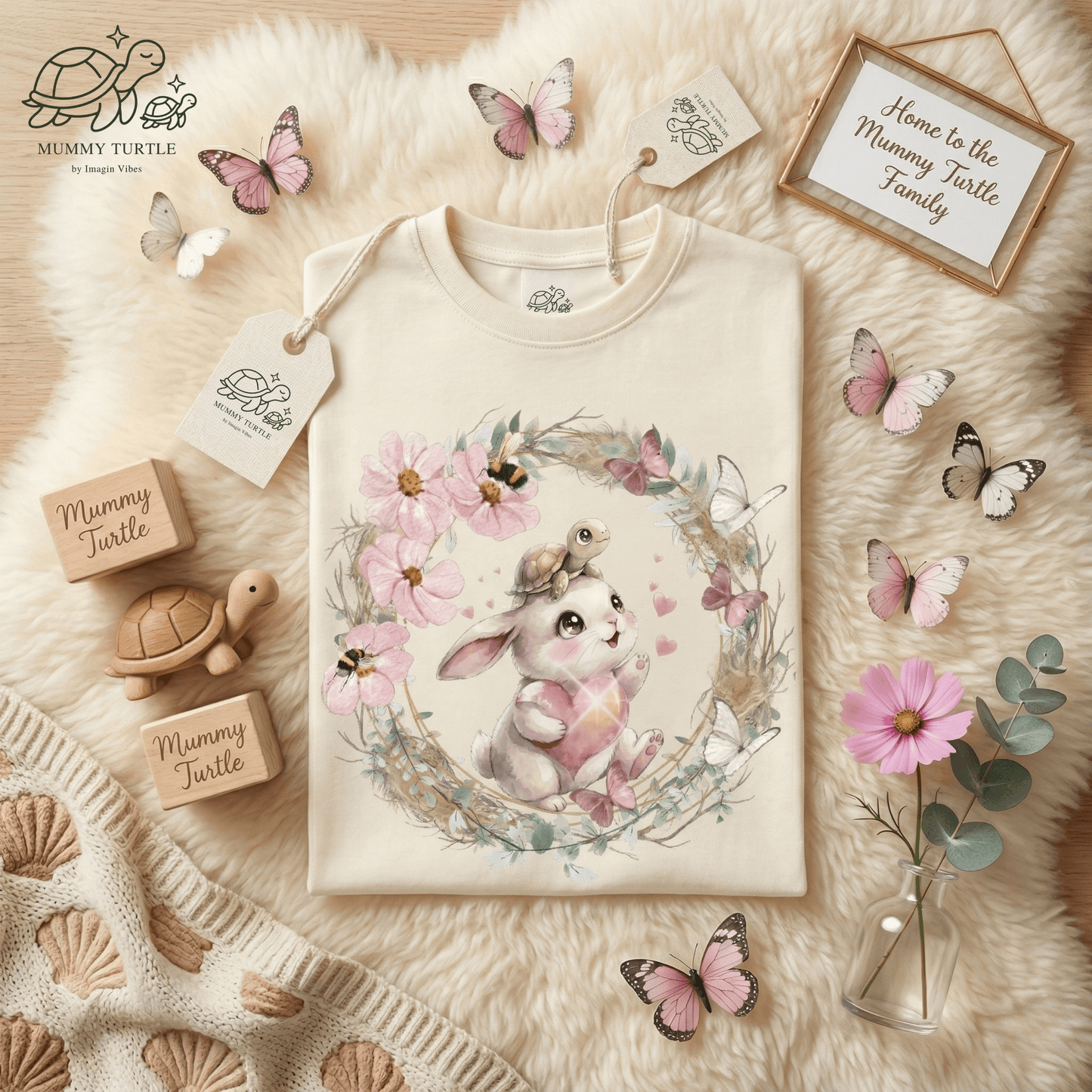Sweet Bunny & Tiny Turtle Toddler T-Shirt featuring a watercolor bunny and tiny turtle, with spring flowers and butterflies, toddler bunny t-shirt.