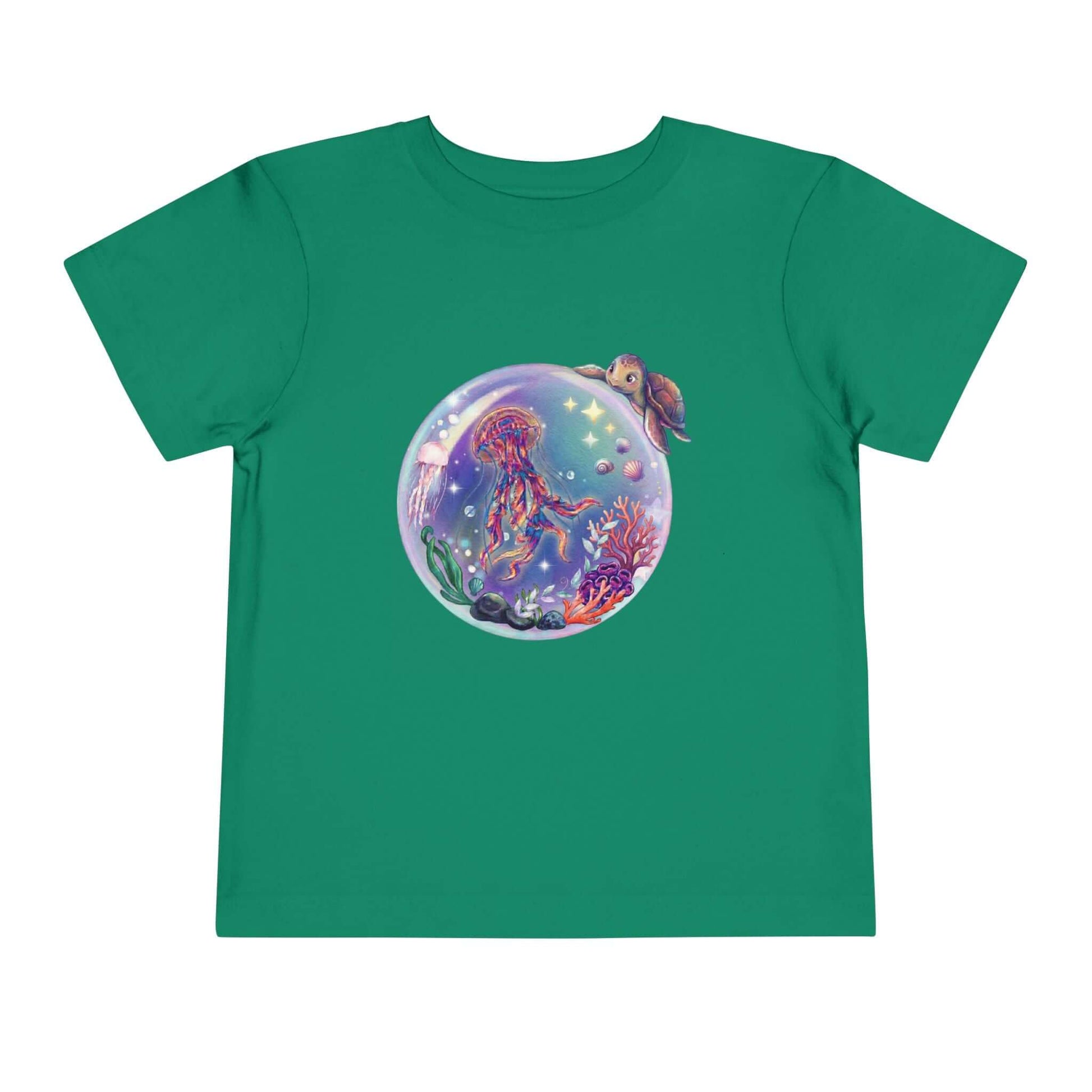 Toddler jellyfish t-shirt featuring a colorful underwater bubble with a dancing jellyfish and a cute turtle.
