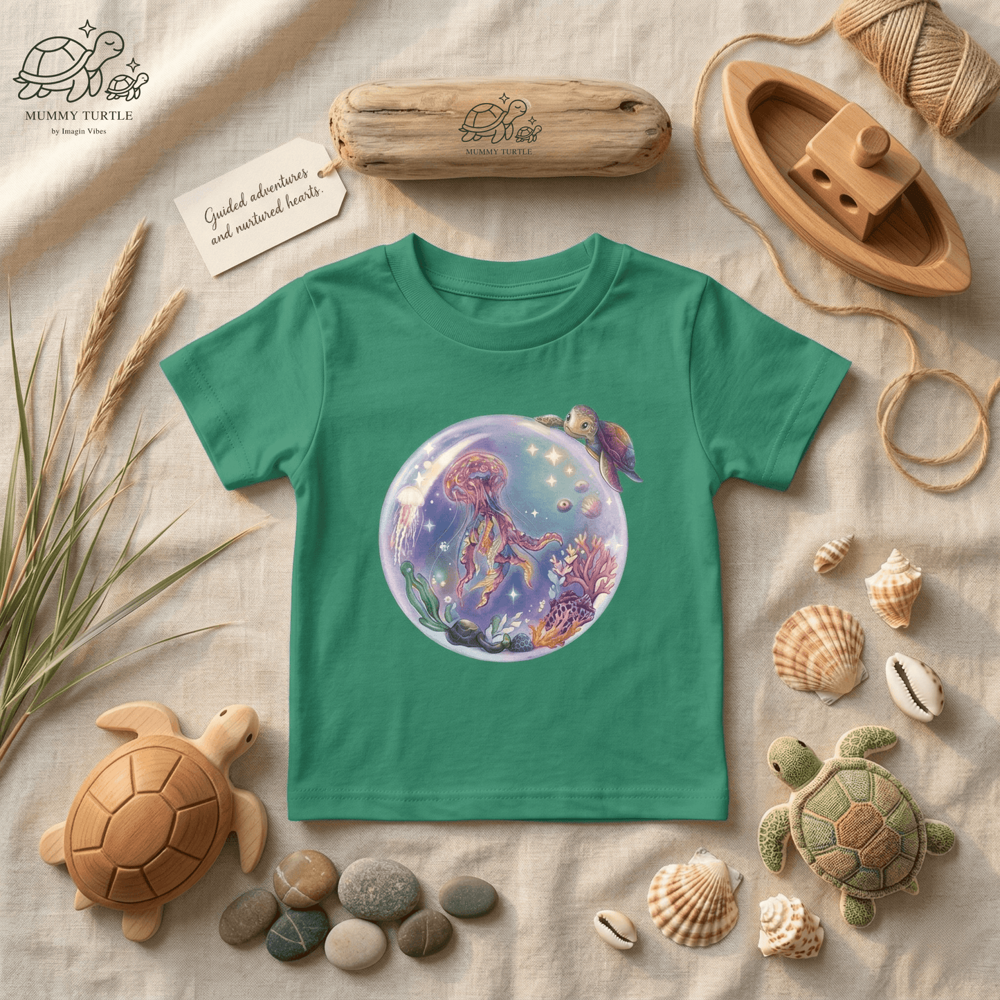Magical Undersea Bubble Toddler Jellyfish T-Shirt featuring a glowing jellyfish and colorful coral design on a green shirt.