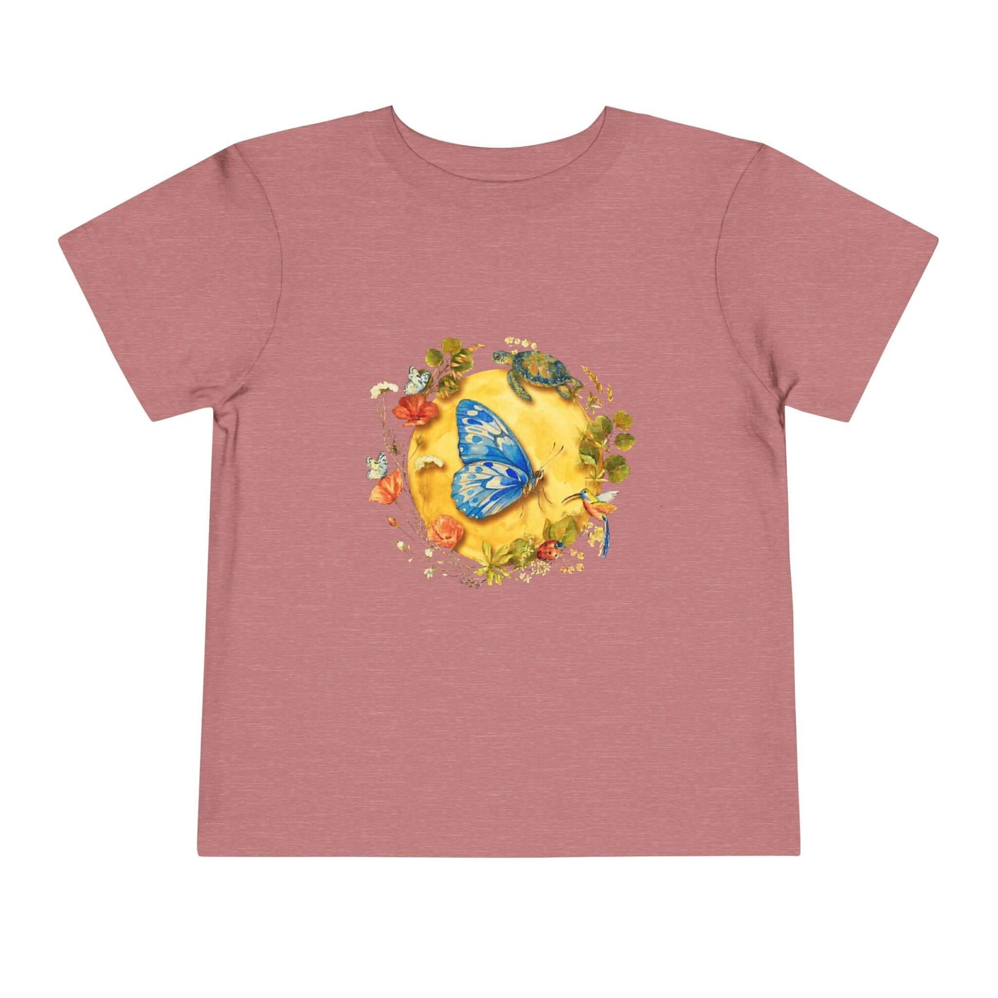 Radiant Blue Butterfly Toddler T-Shirt showcasing a blue butterfly design surrounded by colorful flowers.