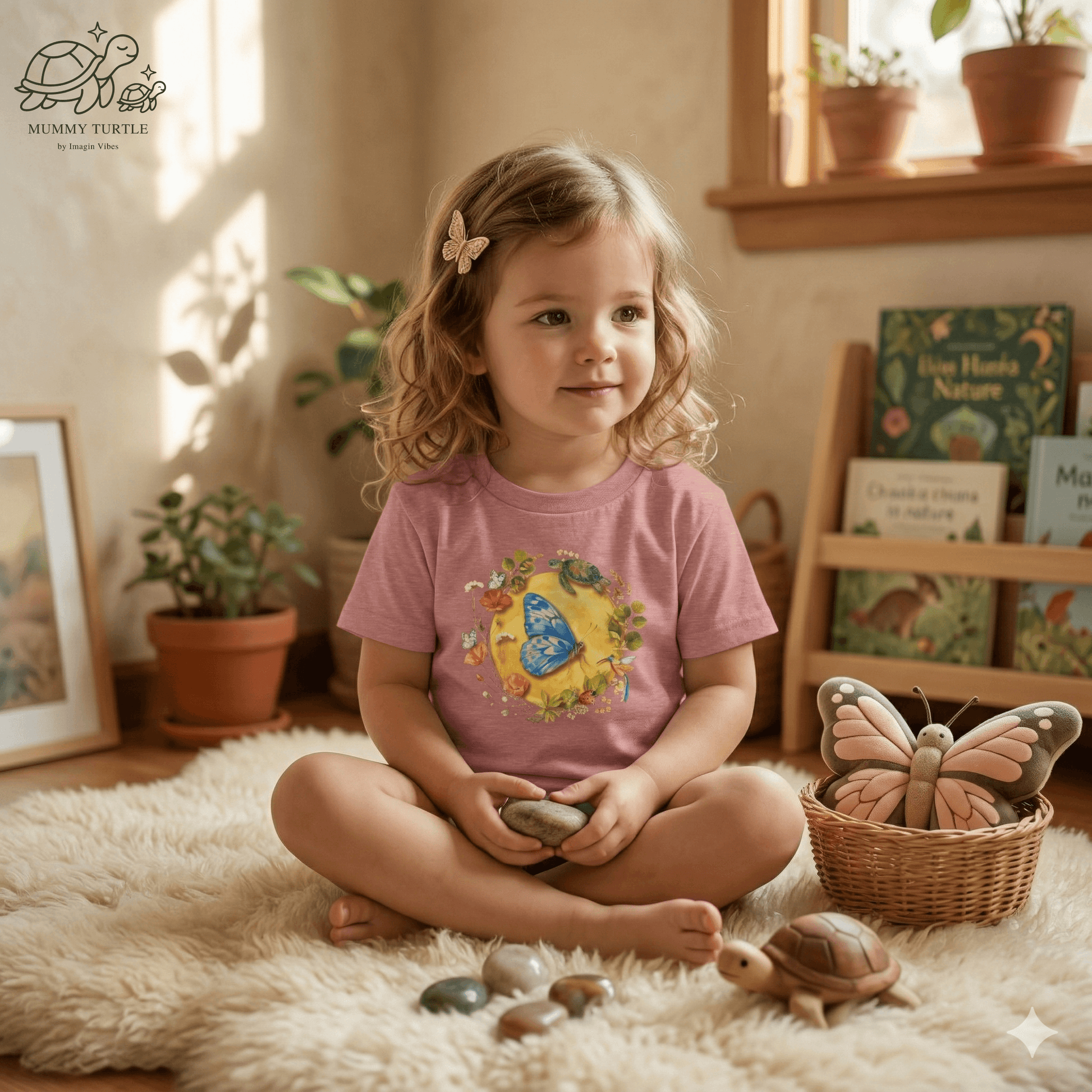 Toddler girl wearing a Radiant Blue Butterfly Toddler T-Shirt, sitting on the floor surrounded by toys and plants.