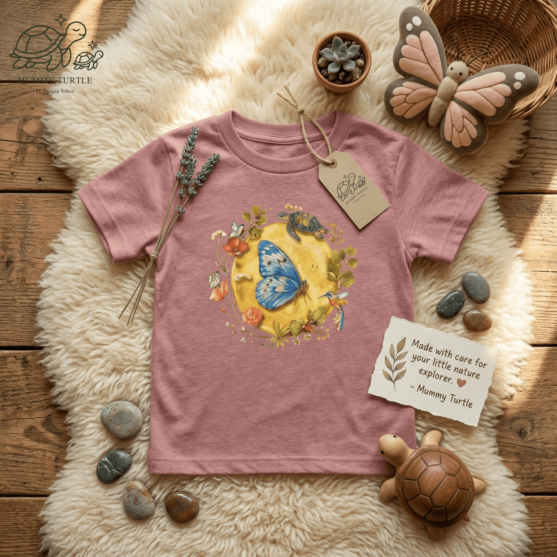 Radiant Blue Butterfly Toddler T-Shirt featuring a butterfly and garden elements, perfect for little explorers.
