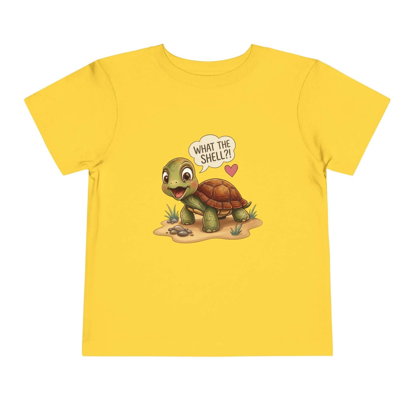 What the Shell?! Toddler Turtle T-Shirt featuring a cute turtle design on a bright yellow background.
