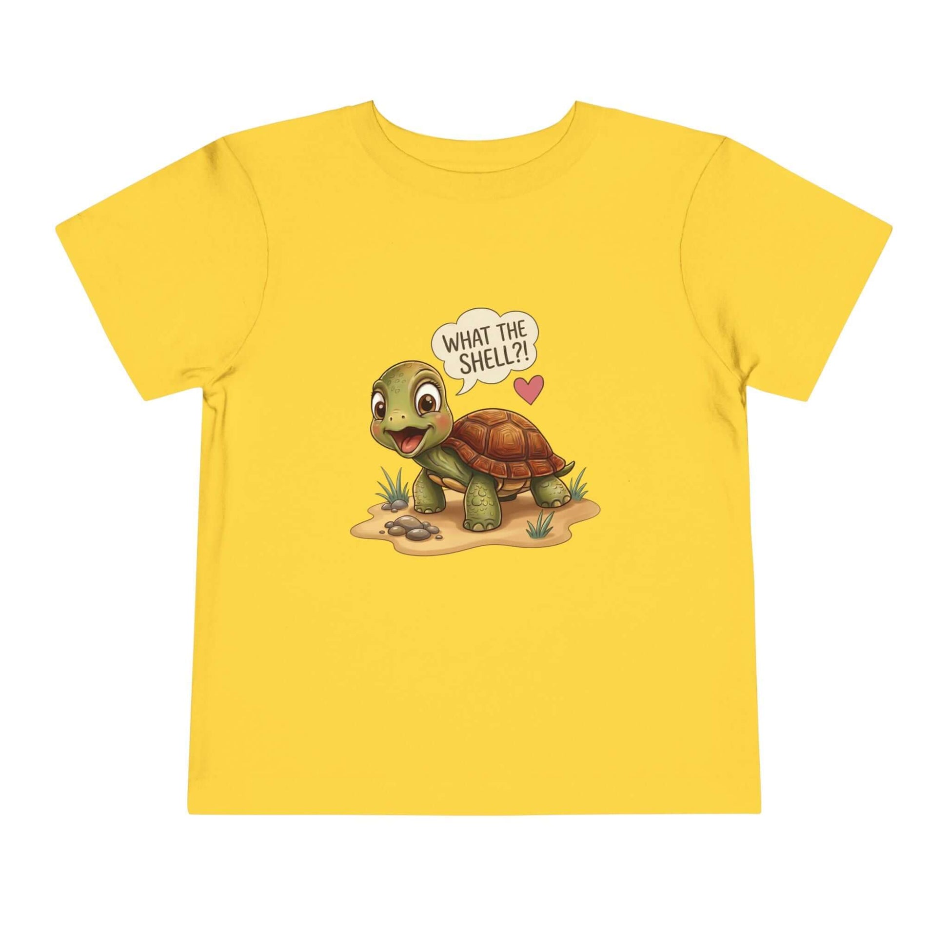 What the Shell?! Toddler Turtle T-Shirt featuring a cute turtle design on a bright yellow background.