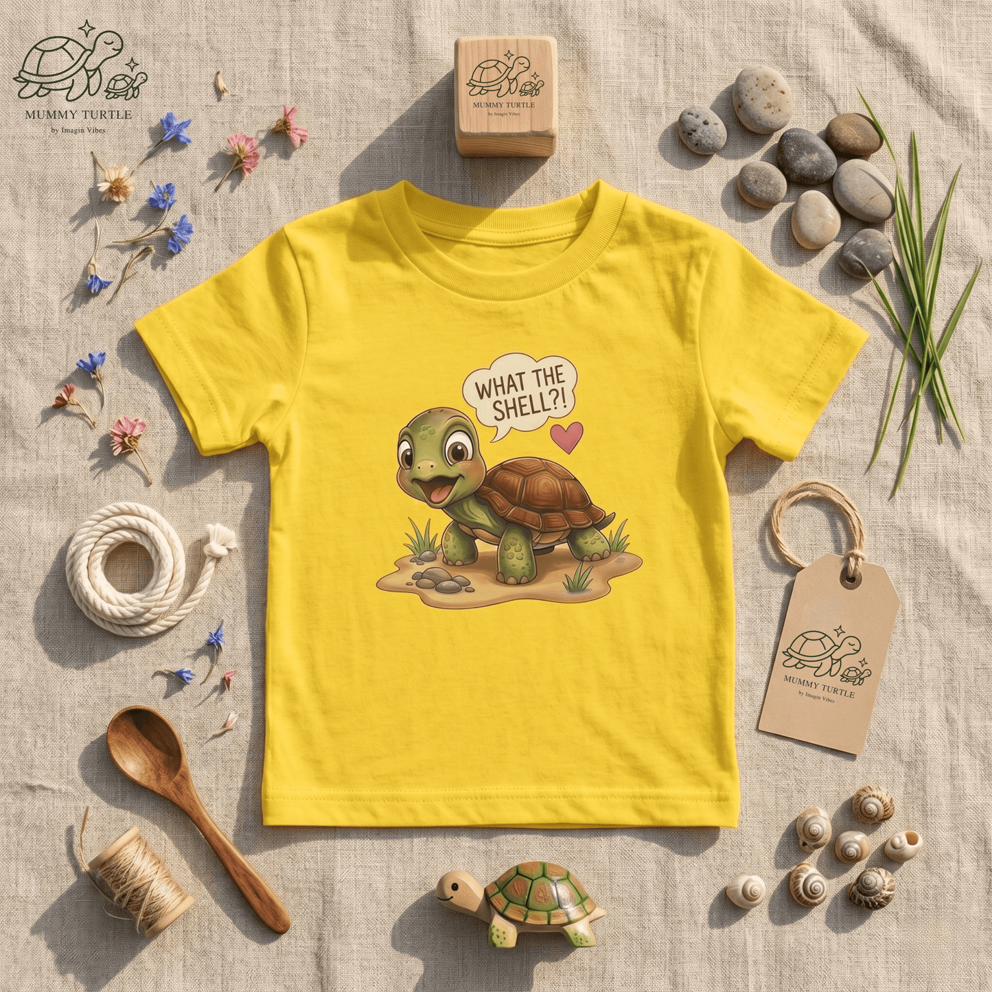 What the Shell?! Toddler Turtle T-Shirt with a playful turtle design on a bright yellow shirt.