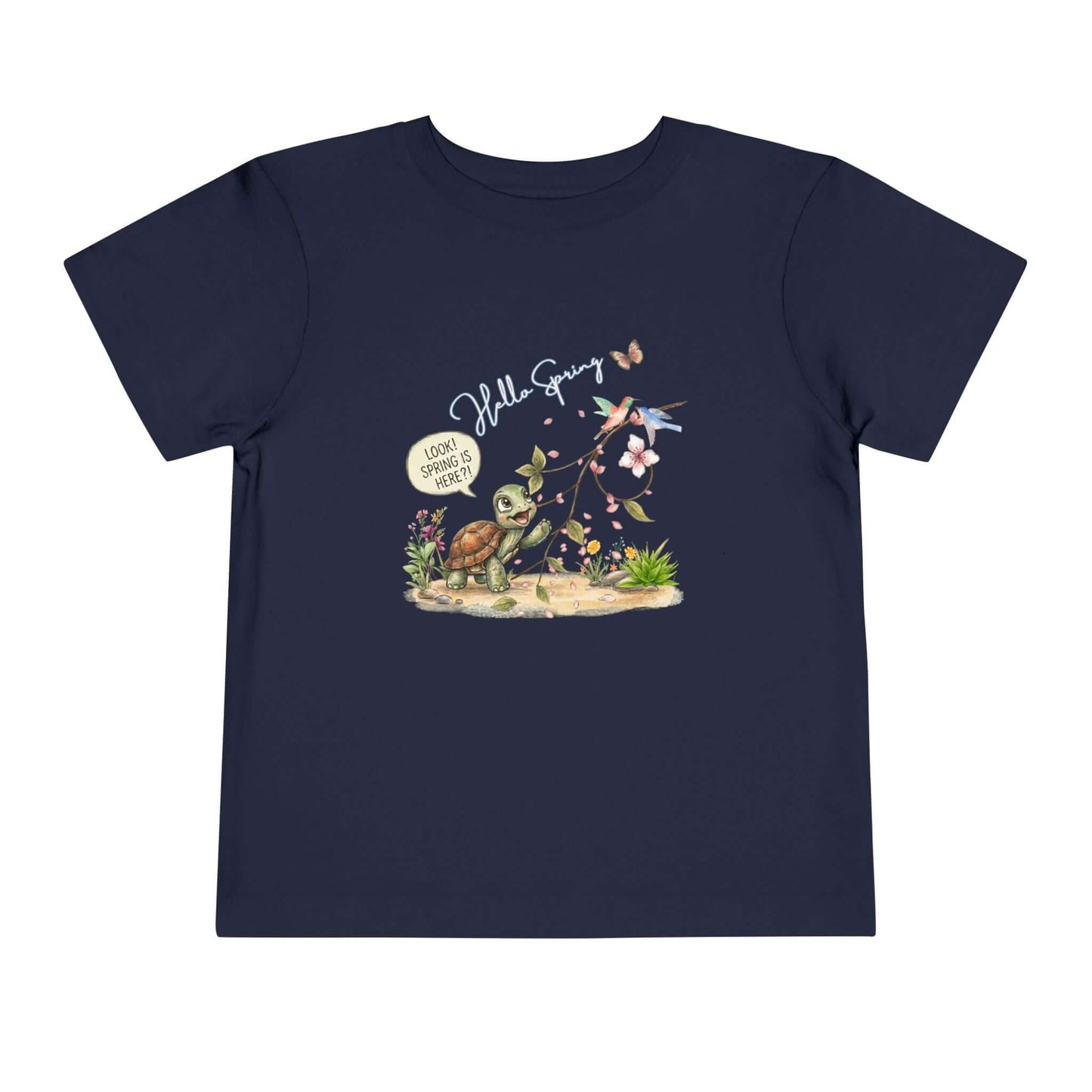 Toddler spring shirt featuring a cute turtle with flowers and butterflies, celebrating the arrival of spring.