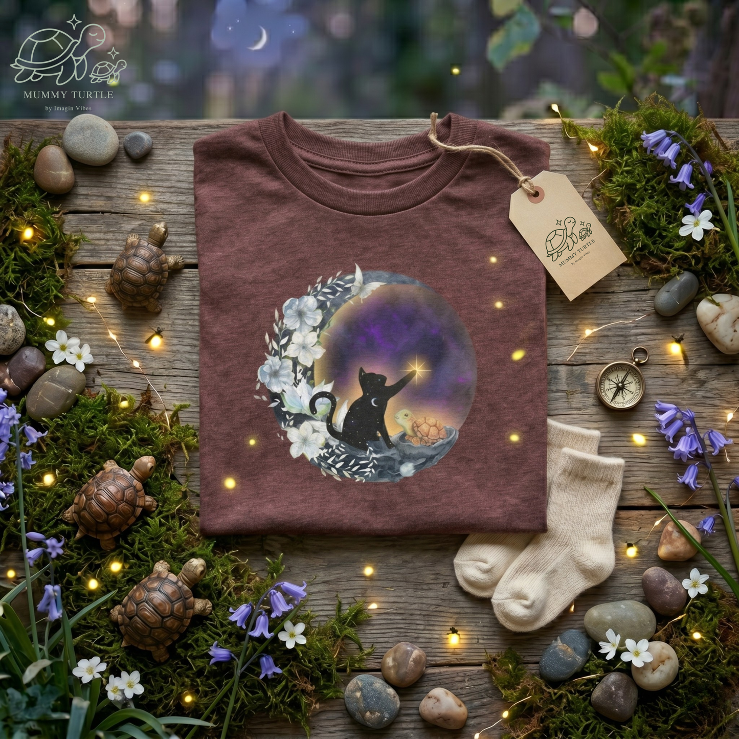 Starlight Wishes & Moonbeams – The Turtle & Magic Cat Adventurous Tee