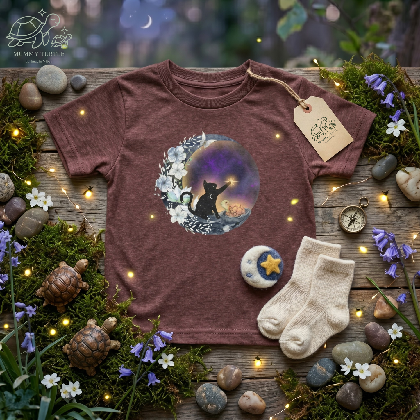 Starlight Wishes & Moonbeams – The Turtle & Magic Cat Adventurous Tee