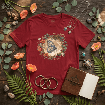 Butterfly graphic t-shirt front view in deep red, styled flat with flowers and Moon Butterfly artwork.