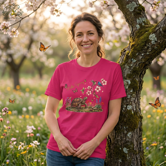 Hello Spring unisex jersey tee featuring a turtle, cherry blossoms, songbirds, and butterflies in a vibrant floral setting.