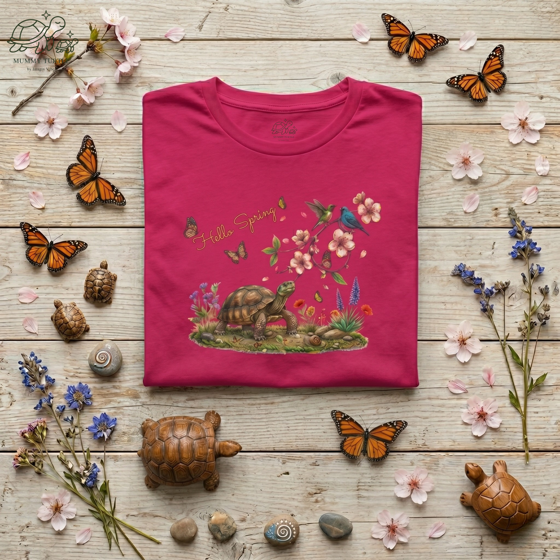 Hello Spring unisex jersey tee featuring a turtle among pink blossoms and butterflies on a wooden background.