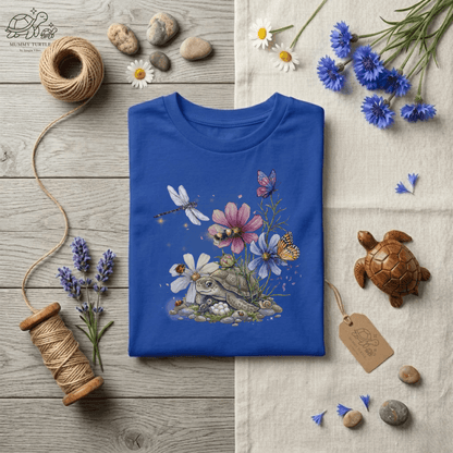 Kids turtle t-shirt folded flat in royal blue with Blossom Turtle artwork and decorative styling.