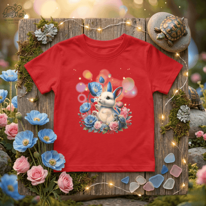 Kids bunny t-shirt flat lay front view in red showing the Meadow Bunny print with floral styling.