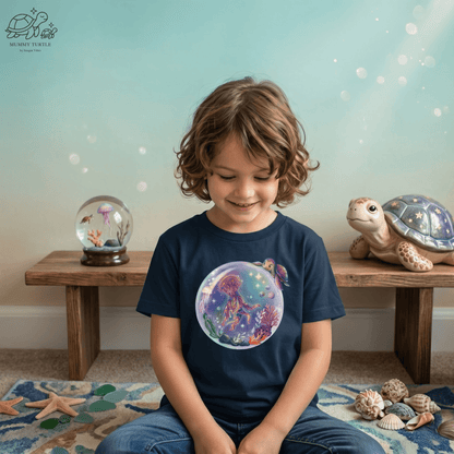 Kids jellyfish t-shirt worn by a child in navy blue with Cosmic Jelly artwork for playful everyday style.