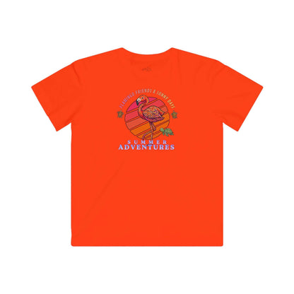Kids flamingo t-shirt front view in bright orange with Summer Adventure artwork for cheerful everyday wear.