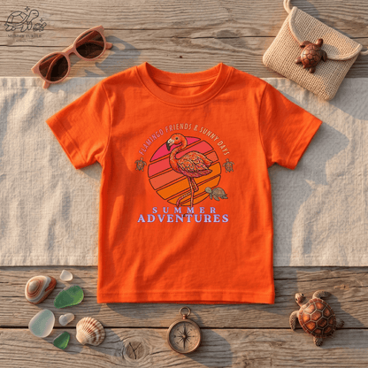 Kids flamingo t-shirt front view in orange, styled flat with beach-inspired decor and Summer Adventure design.