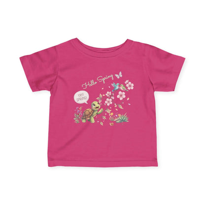 Infant spring t-shirt front view in pink with Hello Spring artwork for cheerful everyday baby wear.