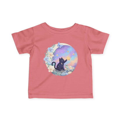 Infant cat t-shirt front view in pink with Celestial Cat artwork for sweet everyday baby wear.