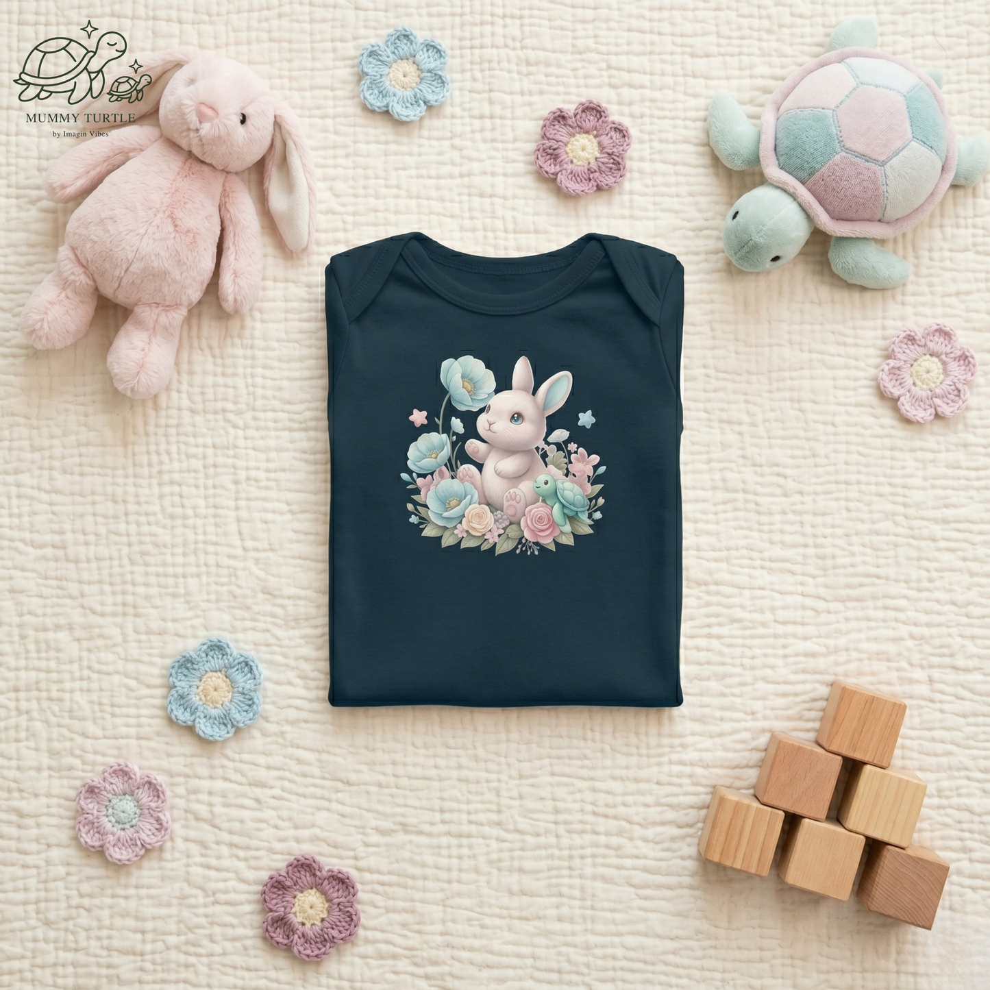 Blue Bunny Blossom Hop - Infant Long-Sleeve Bodysuit