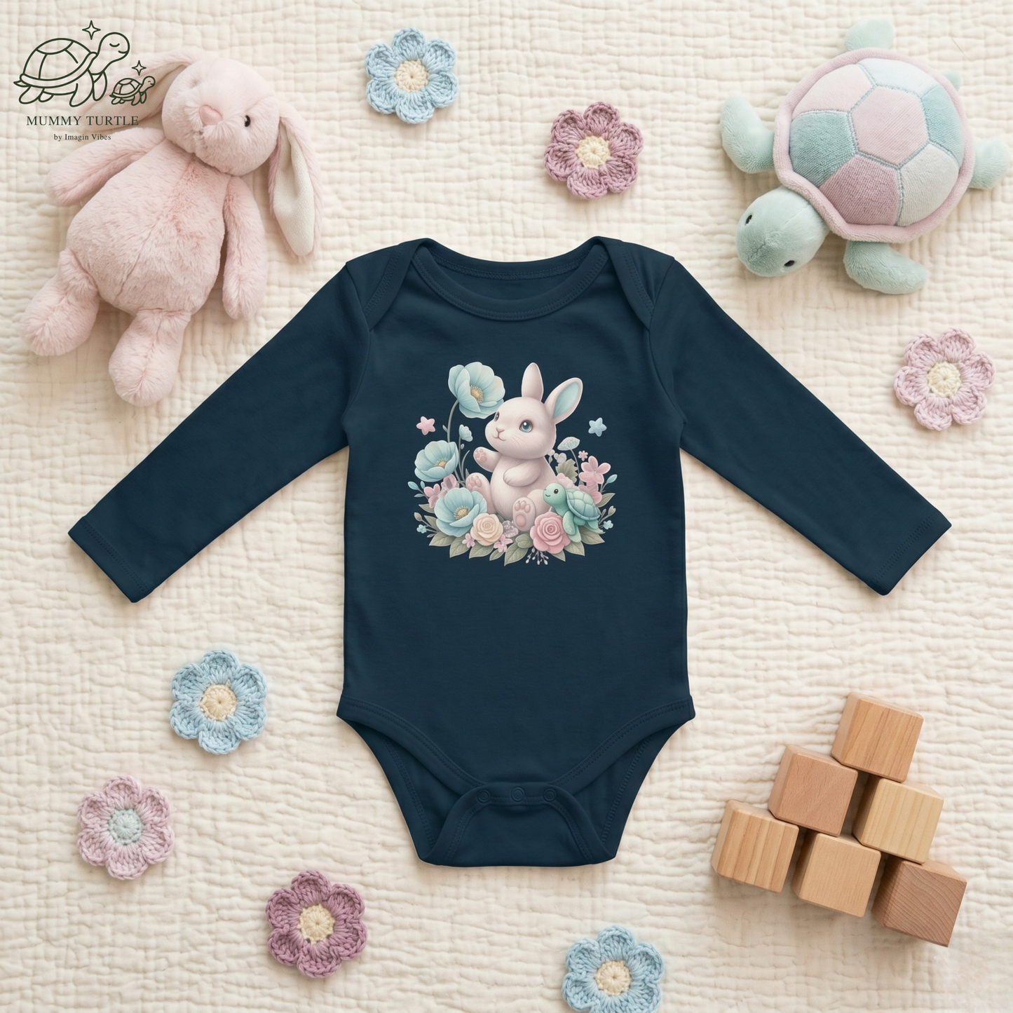Blue Bunny Blossom Hop - Infant Long-Sleeve Bodysuit