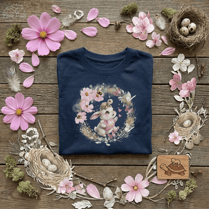 Toddler bunny long sleeve shirt  featuring a cute bunny design surrounded by flowers and nests.