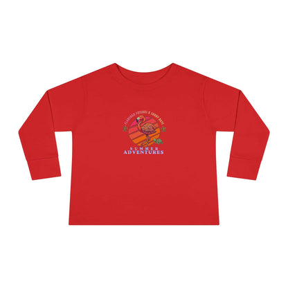 Toddler flamingo long sleeve shirt in red featuring a tropical design and 'Summer Adventures' text.