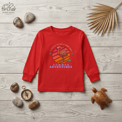toddler flamingo long sleeve shirt featuring a playful design with a flamingo and tropical elements on a red background