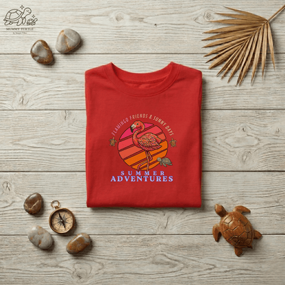 Toddler flamingo long sleeve shirt with summer adventures design on red fabric, styled with tropical decor.