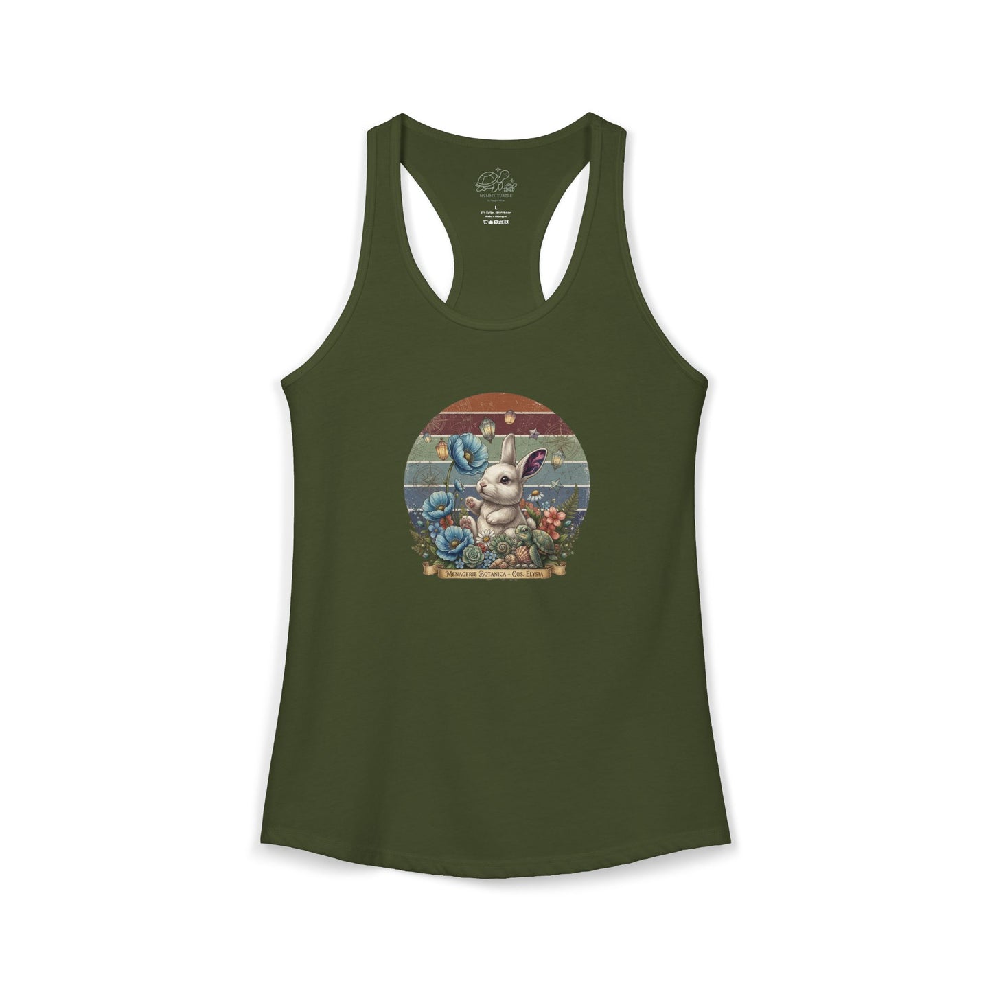 Vintage botanical racerback tank featuring a cute bunny among flowers and lanterns on a retro-striped backdrop.