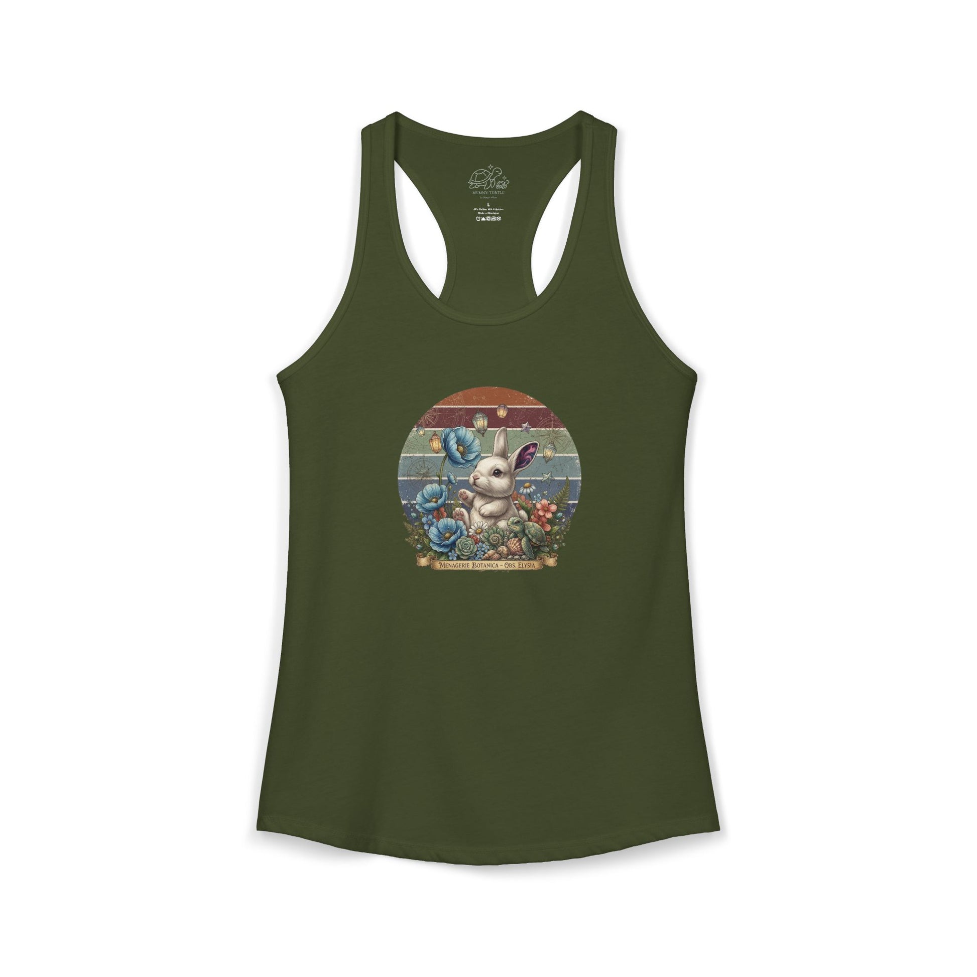 Vintage botanical racerback tank featuring a cute bunny among flowers and lanterns on a retro-striped backdrop.