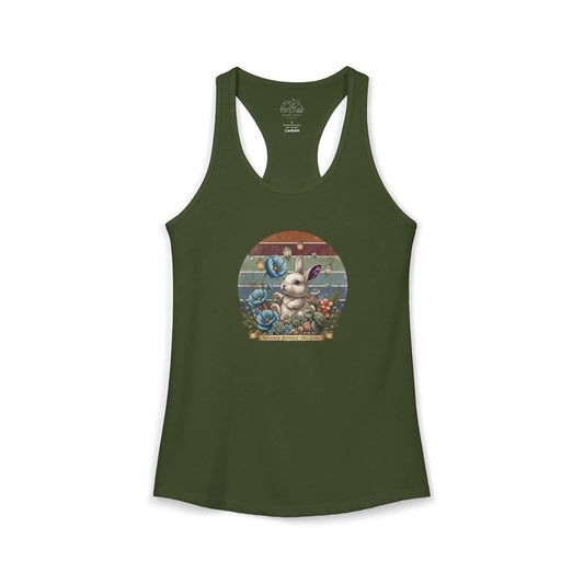 Vintage botanical racerback tank featuring a cute bunny among flowers and lanterns on a retro-striped backdrop.