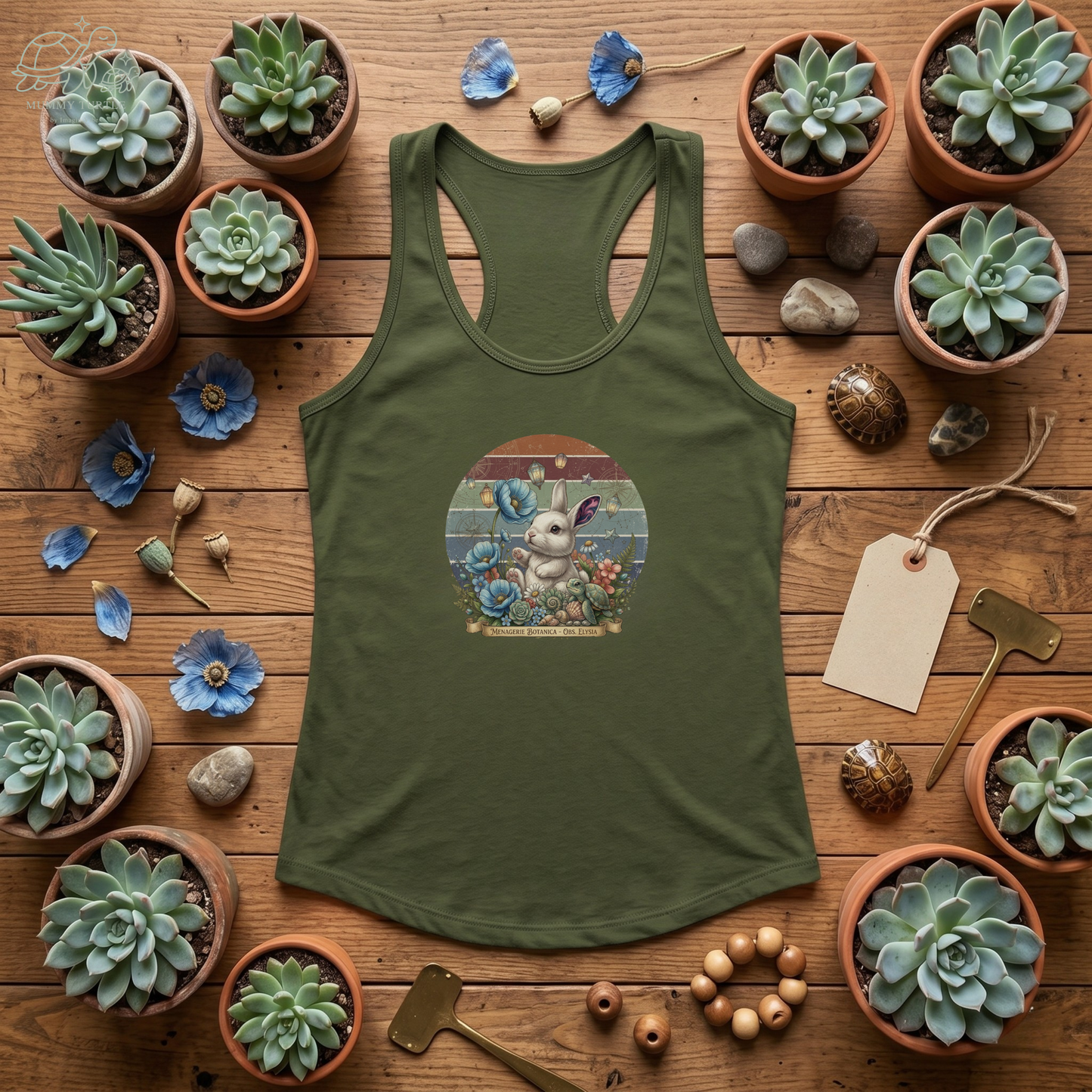 Vintage botanical racerback tank featuring a bunny and colorful flowers on a green background, surrounded by potted plants.
