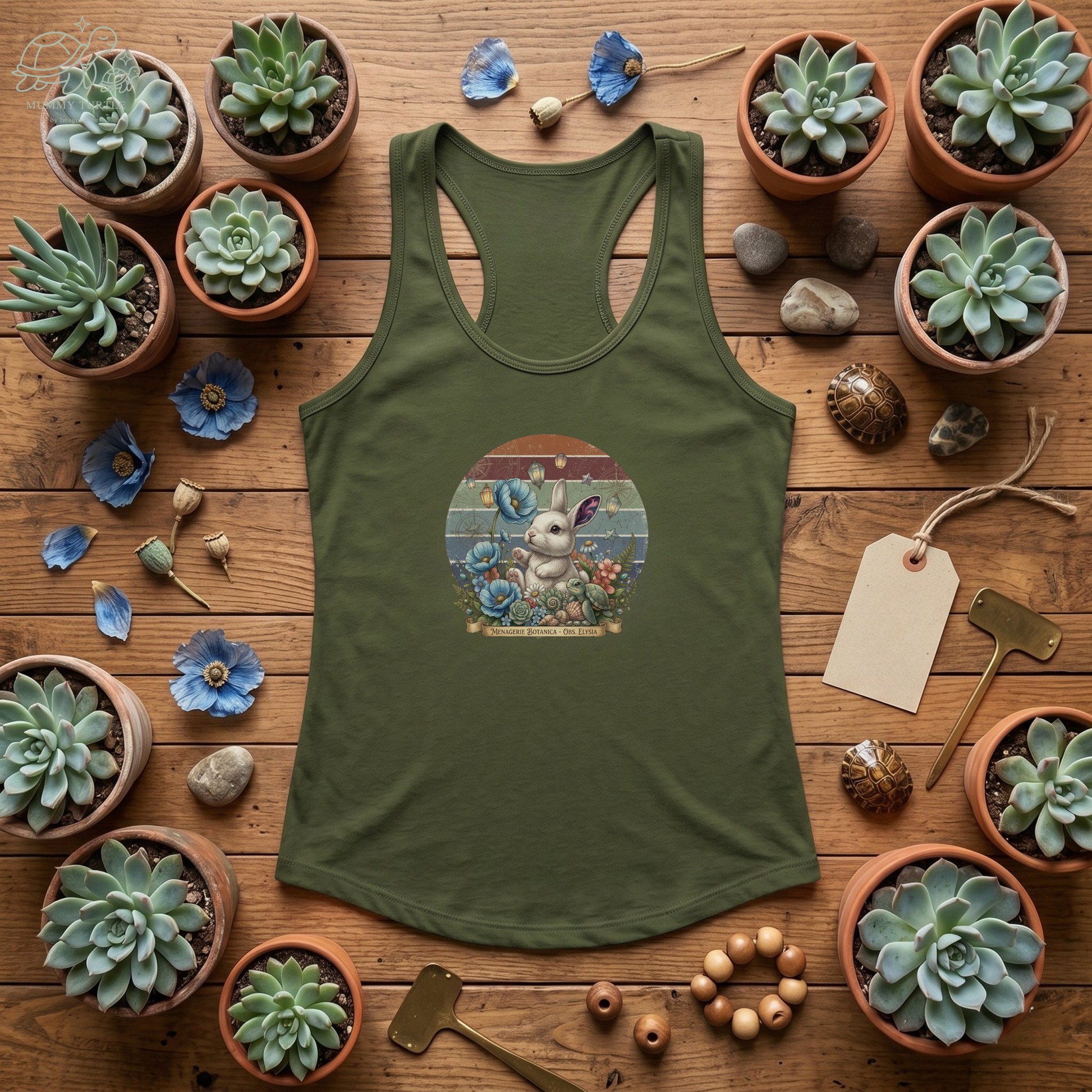 Vintage botanical racerback tank featuring a bunny and colorful flowers on a green background, surrounded by potted plants.