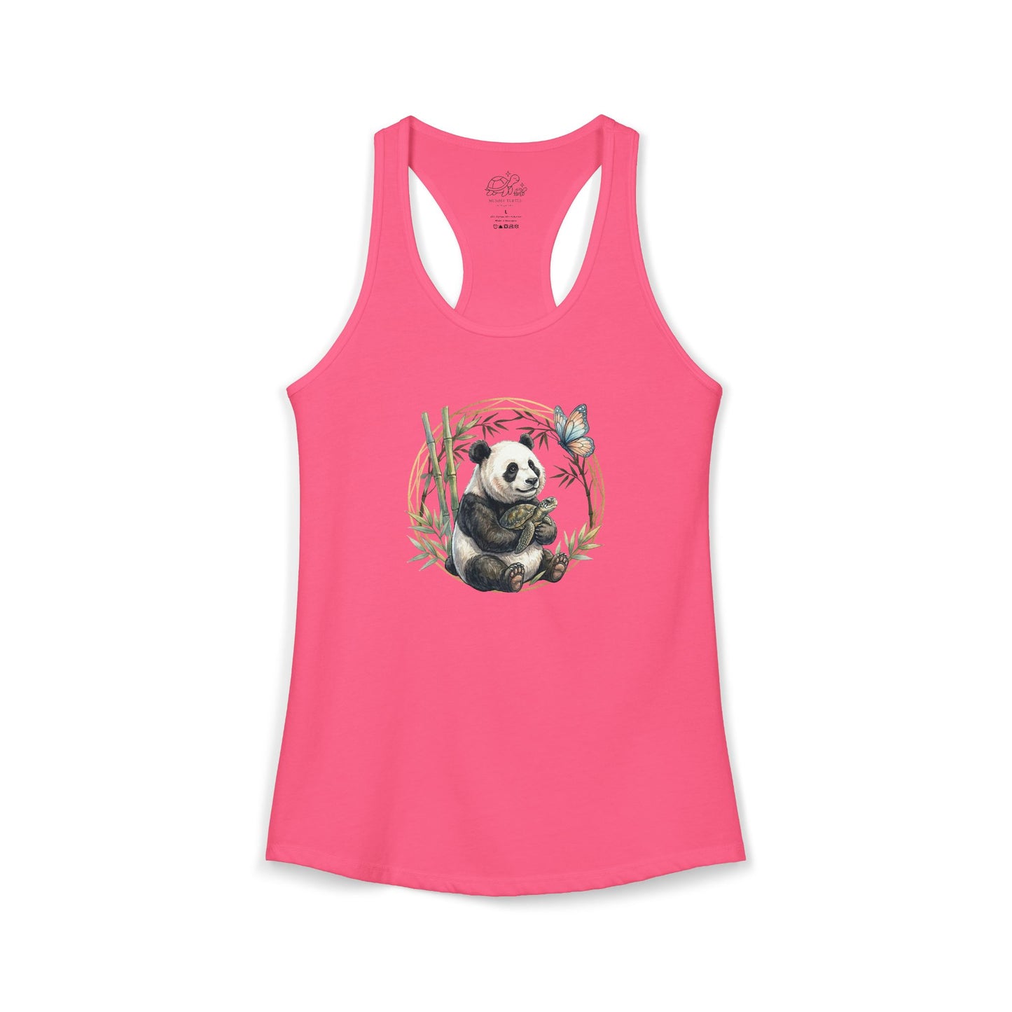 Panda and turtle racerback tank featuring a panda among bamboo with a butterfly on a pink background.