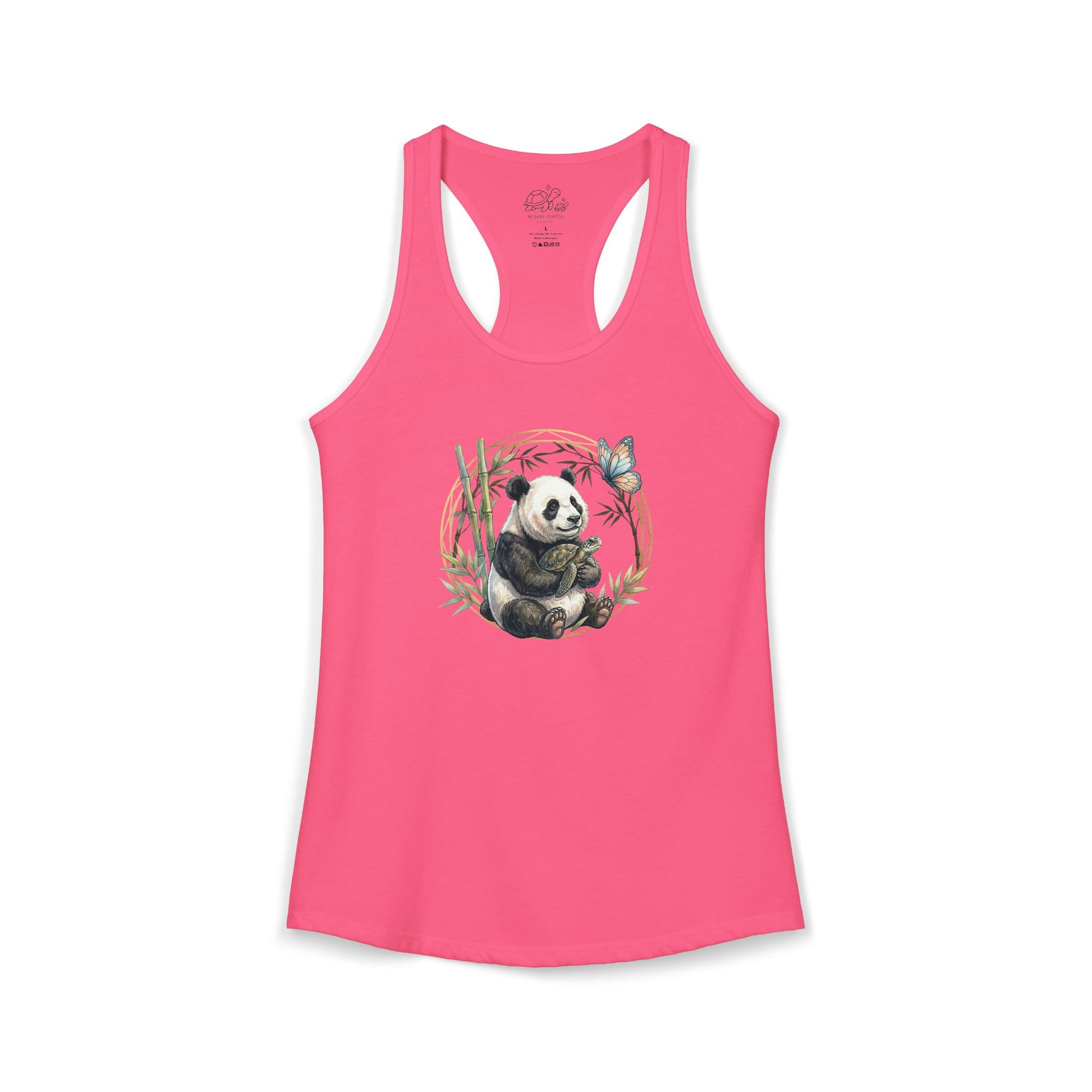 Panda and turtle racerback tank featuring a panda among bamboo with a butterfly on a pink background.