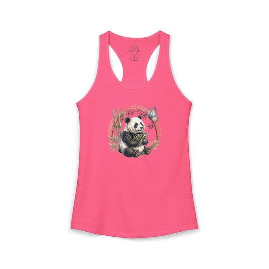 Panda and turtle racerback tank featuring a panda among bamboo with a butterfly on a pink background.
