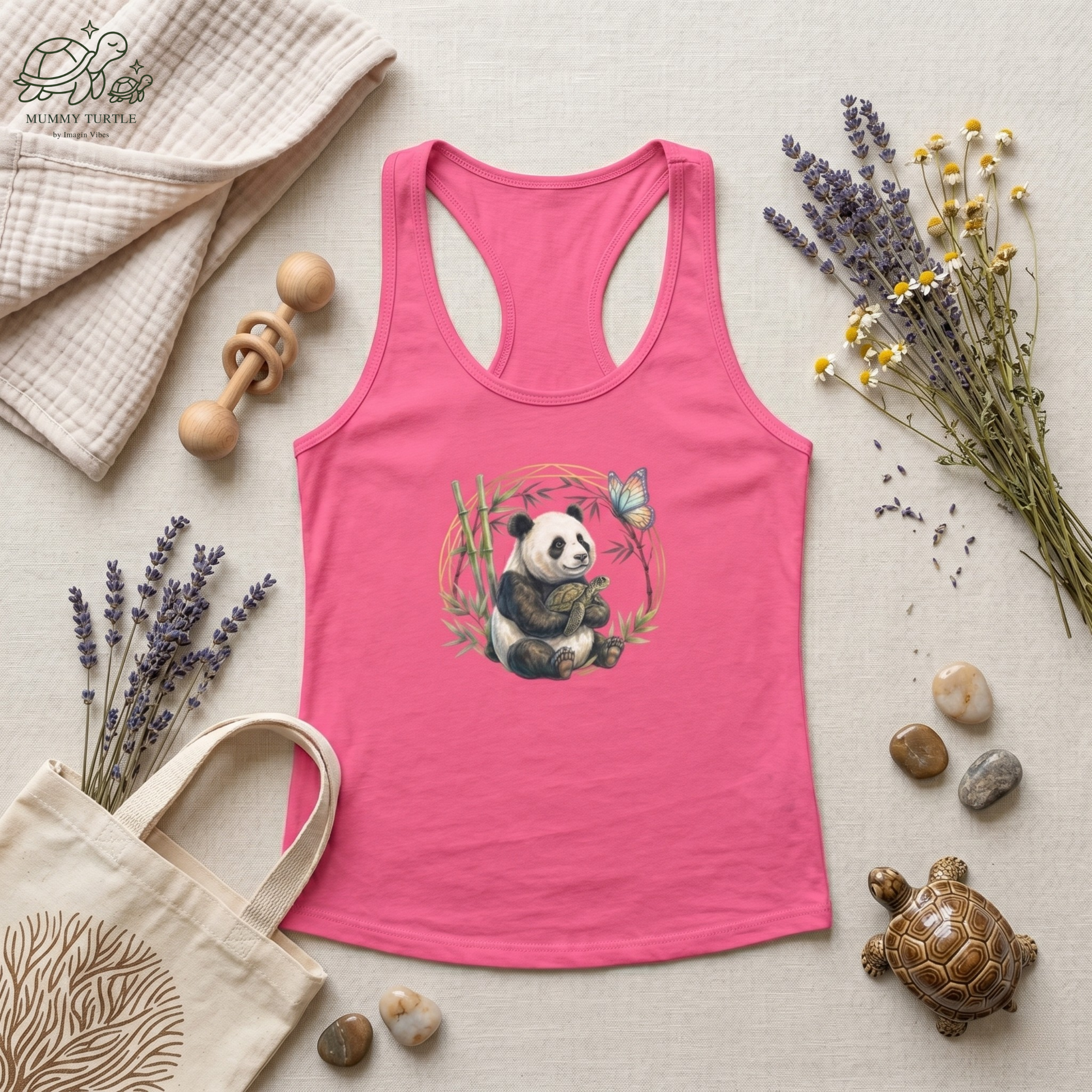Panda and turtle racerback tank featuring a panda with a butterfly design, surrounded by bamboo, perfect for nature lovers.