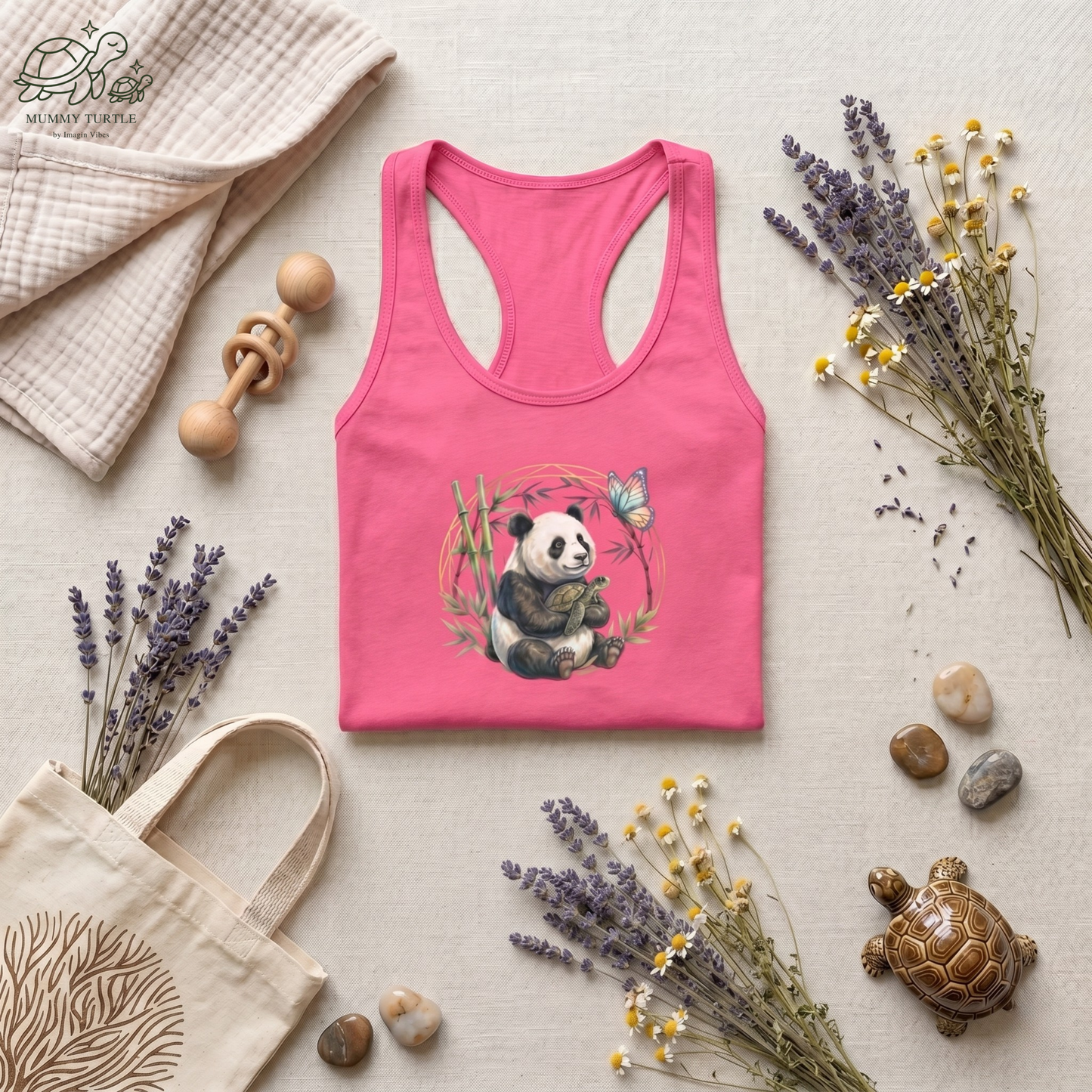 Pink Women's Racerback Tank Top featuring Panda and turtle design with butterfly and bamboo elements.