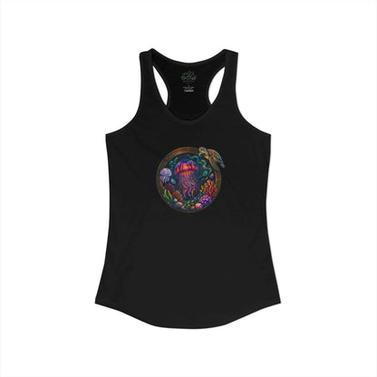 Women’s jellyfish racerback tank front view in black with the Cosmic Jelly design.