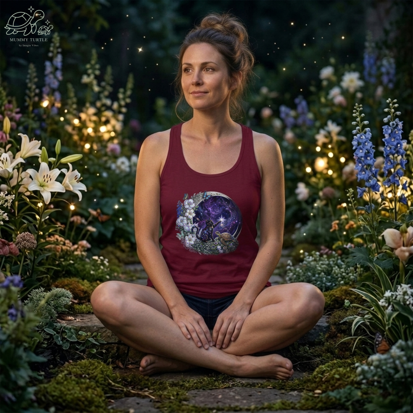 Celestial Stargazer Moon Cat & Turtle - Women's Racerback Tank Top