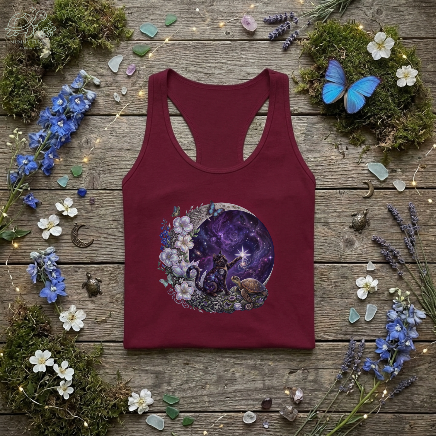 Celestial Stargazer Moon Cat & Turtle - Women's Racerback Tank Top